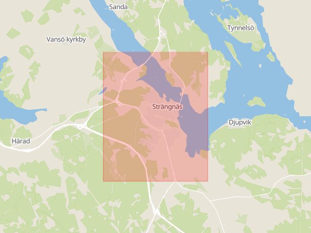 Karta som med röd fyrkant ramar in Strängnäs, Eskilstuna, Mälarsjukhuset, Södermanlands län
