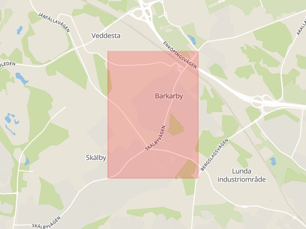 Karta som med röd fyrkant ramar in Barkarby, Skälbyvägen, Järfälla, Stockholms län