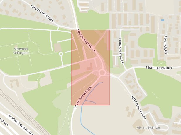 Karta som med röd fyrkant ramar in Centralbron, Silverdal, Sollentunavägen, Stockholm, Stockholms län