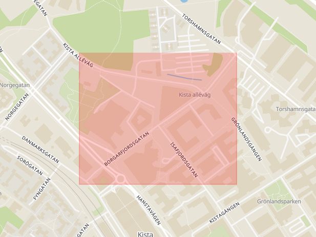 Karta som med röd fyrkant ramar in Borgarfjordsgatan, Kista, Stockholm, Stockholms län