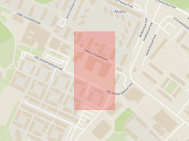 Karta som med röd fyrkant ramar in Helsingforsgatan, Oxhagsskolan, Stockholm, Stockholms län