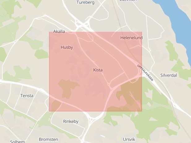 Karta som med röd fyrkant ramar in Kista, Sollentuna, Stockholms län