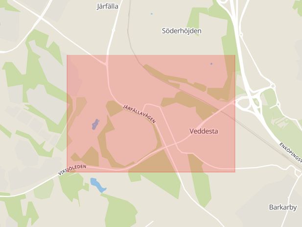 Karta som med röd fyrkant ramar in Barkarby, Skogen, Skarpa, Järfälla, Stockholms län