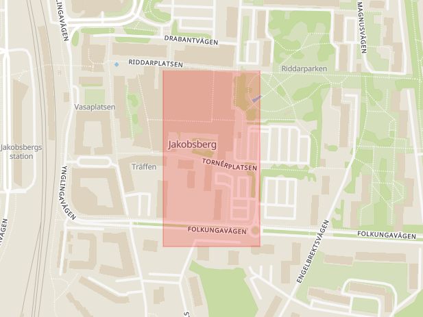 Karta som med röd fyrkant ramar in Tornérplatsen, Jakobsberg, Järfälla, Stockholms län