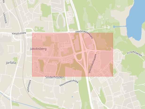 Karta som med röd fyrkant ramar in Folkungavägen, Jakobsberg, Järfälla, Stockholms län