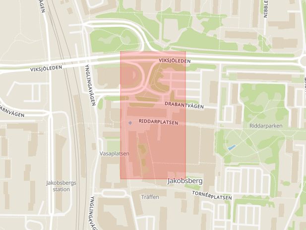 Karta som med röd fyrkant ramar in Riddarplatsen, Jakobsberg, Järfälla, Stockholms län