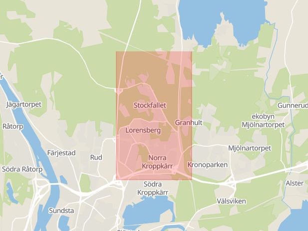 Karta som med röd fyrkant ramar in Stockfallet, Lorensberg, Karlstad, Värmlands län