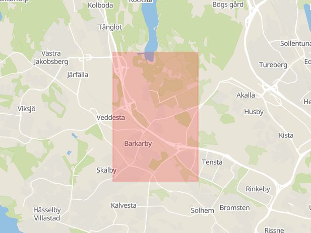 Karta som med röd fyrkant ramar in Barkarby, Jakobsberg, Järfälla, Stockholms län