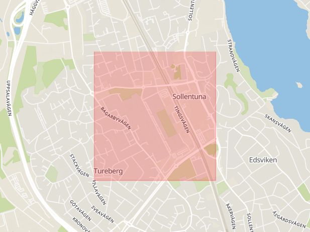 Karta som med röd fyrkant ramar in Tureberg, Akalla, Kungsängen, Sollentuna, Stockholms län