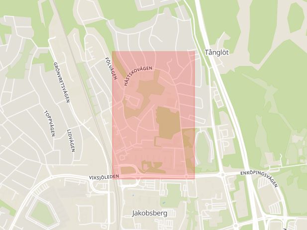 Karta som med röd fyrkant ramar in Hästskovägen, Jakobsberg, Järfälla, Stockholms län