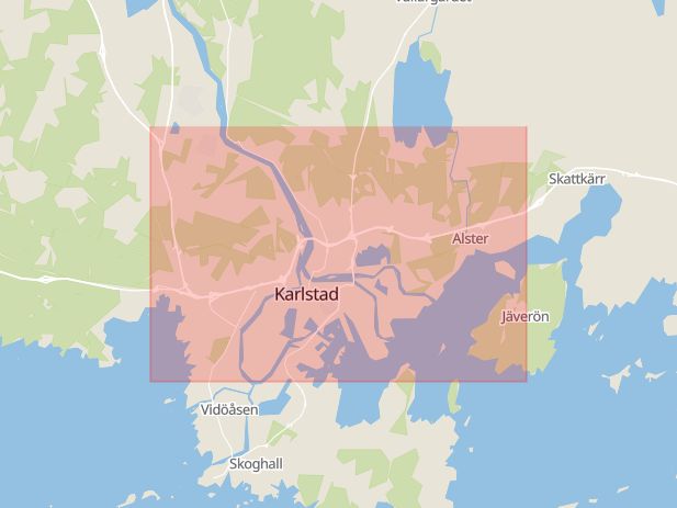 Karta som med röd fyrkant ramar in Värmland, Karlstad, Arvika, Spelande, Värmlands län