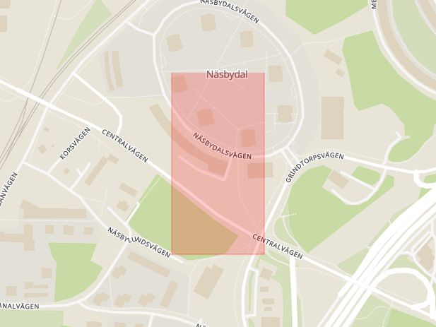Karta som med röd fyrkant ramar in Näsbydal, Roslags Näsby, Täby, Stockholms län