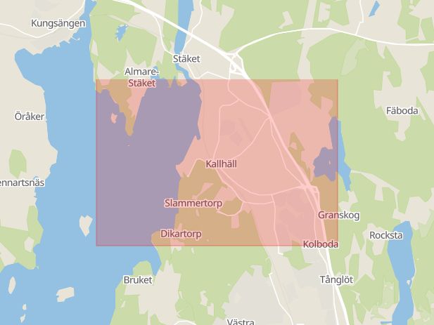 Karta som med röd fyrkant ramar in Kallhäll, Bolinderbyn, Järfälla, Stockholms län