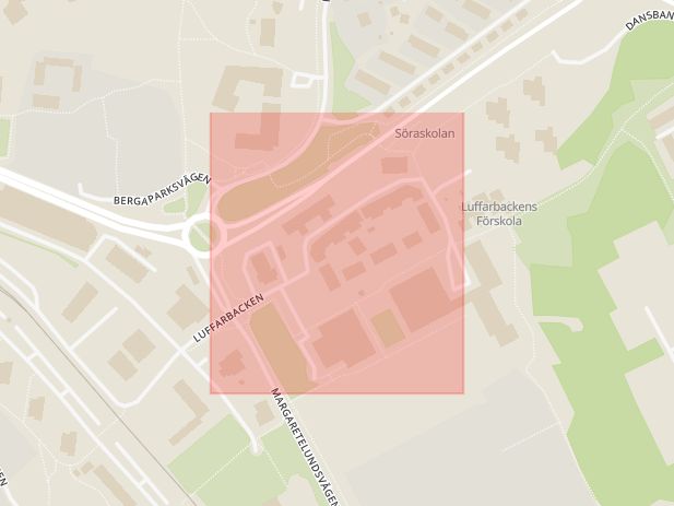 Karta som med röd fyrkant ramar in Luffarbacken, Österåker, Stockholms län