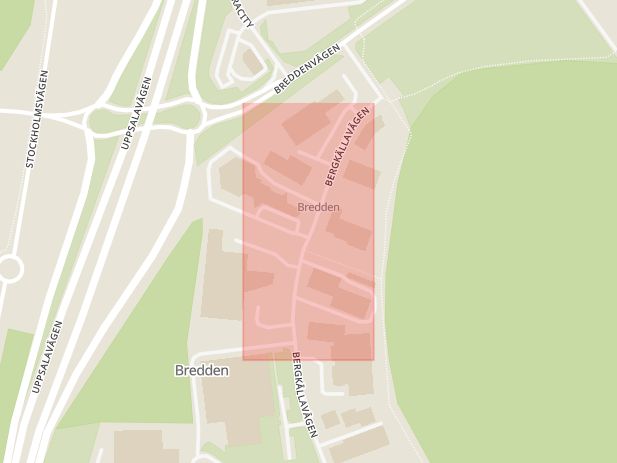 Karta som med röd fyrkant ramar in Rotebro, Trafikplats Bredden, Sollentuna, Stockholms län