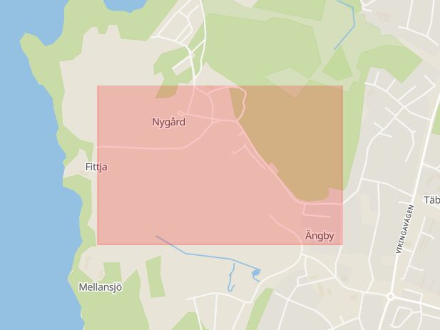 Karta som med röd fyrkant ramar in Nygårdsvägen, Täby Kyrkby, Täby, Stockholms län