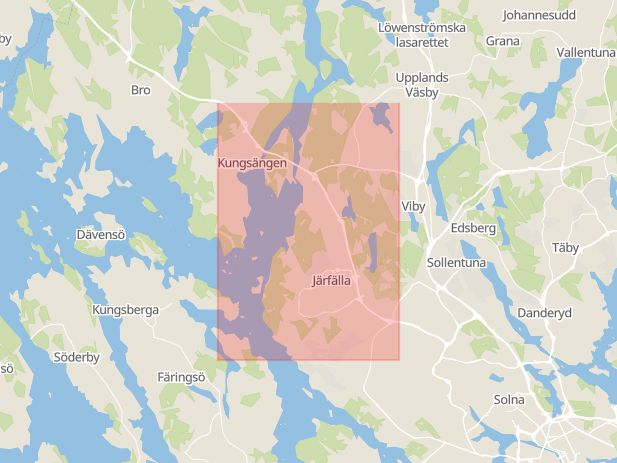 Karta som med röd fyrkant ramar in Enköpingsvägen, Jakobsberg, Snapphanevägen, Söderhöjden, Järfälla, Stockholms län