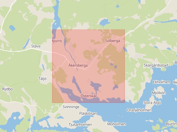 Karta som med röd fyrkant ramar in Åkersberga, Österåker, Stockholms län
