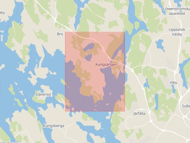 Karta som med röd fyrkant ramar in Kungsängen, Upplands-Bro, Stockholms län