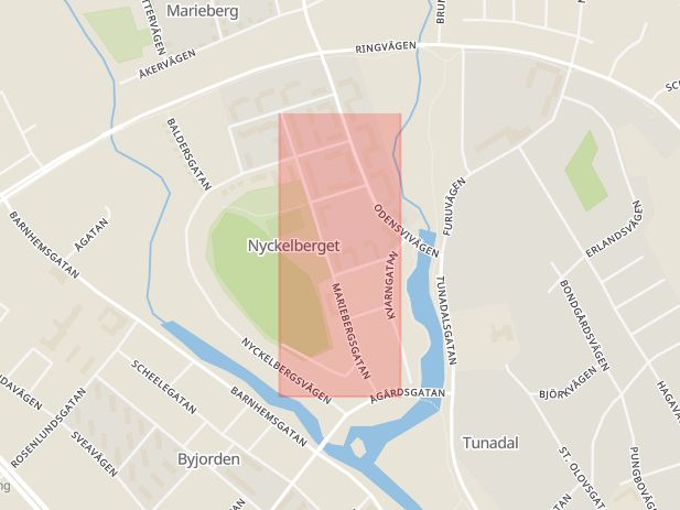 Karta som med röd fyrkant ramar in Mariebergsgatan, Köping, Västmanlands län