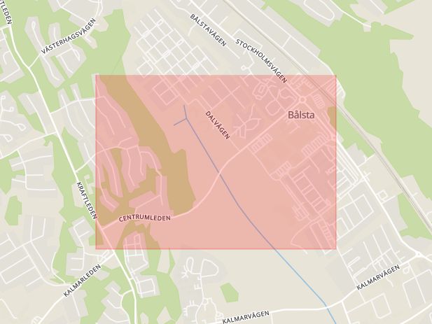 Karta som med röd fyrkant ramar in Centrumleden, Bålsta, Håbo, Uppsala län