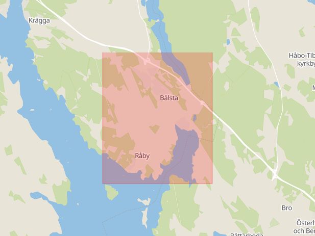 Karta som med röd fyrkant ramar in Bålsta, Bryggan, Håbo, Uppsala län