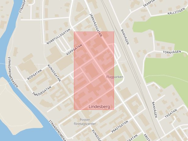 Karta som med röd fyrkant ramar in Kristinavägen, Norra Torggatan, Lindesberg, Örebro län