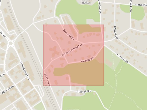 Karta som med röd fyrkant ramar in Skarpskyttegatan, Bondskogen, Lindesberg, Örebro län