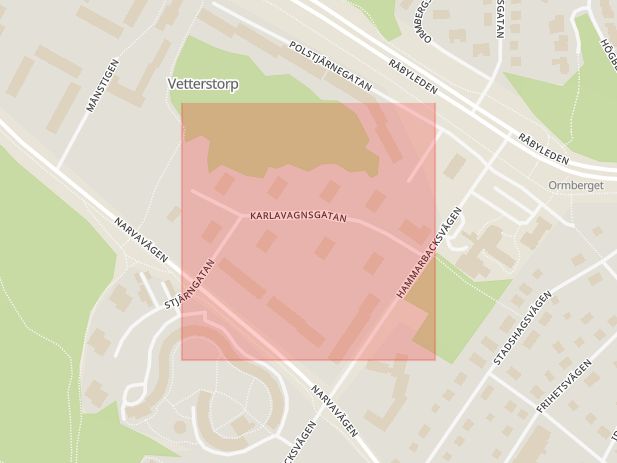 Karta som med röd fyrkant ramar in Vetterstorp, Karlavagnsgatan, Västerås, Västmanlands län