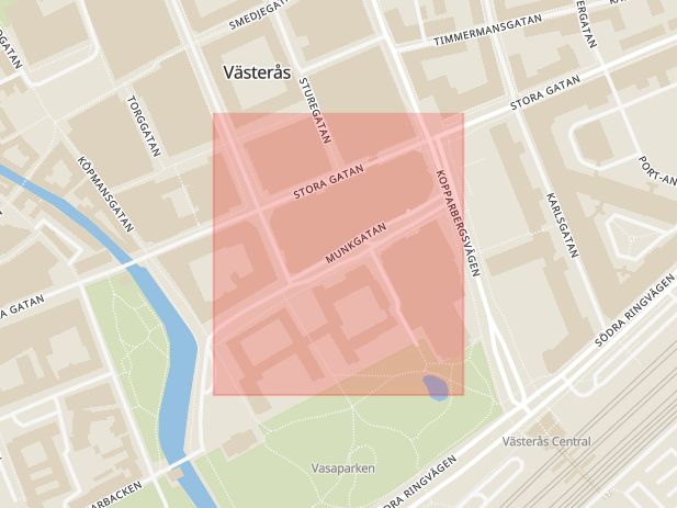 Karta som med röd fyrkant ramar in Munkgatan, Västerås, Västmanlands län
