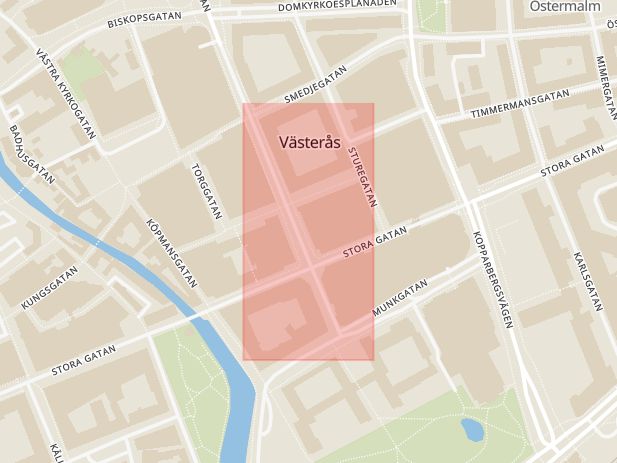 Karta som med röd fyrkant ramar in Åhlens, Västerås, Västmanlands län