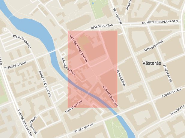 Karta som med röd fyrkant ramar in Stora Torget, Västerås, Norra Gryta, Önsta, Västmanlands län