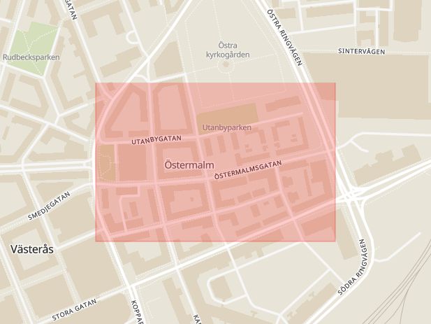 Karta som med röd fyrkant ramar in Östermalm, Gården, Västerås, Västmanlands län
