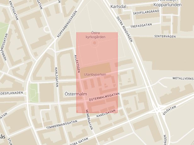 Karta som med röd fyrkant ramar in Östermalm, Utanbyparken, Västerås, Västmanlands län