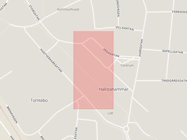 Karta som med röd fyrkant ramar in Hammartorget, Hallstahammar, Västmanlands län