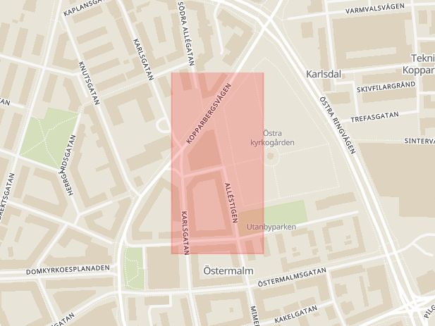 Karta som med röd fyrkant ramar in Alléstigen, Kopparlunden, Västerås, Västmanlands län