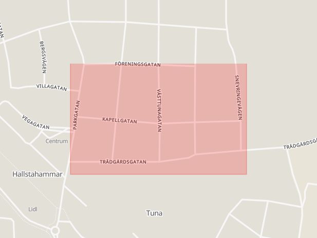 Karta som med röd fyrkant ramar in Kapellgatan, Hallstahammar, Västmanlands län