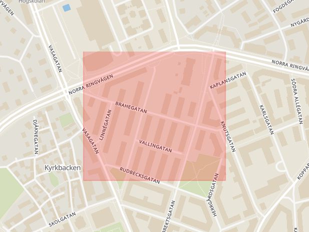 Karta som med röd fyrkant ramar in Brahegatan, Västerås, Västmanlands län