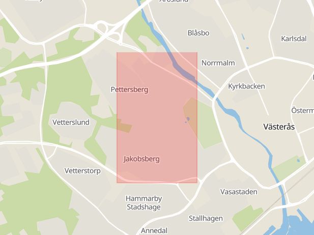 Karta som med röd fyrkant ramar in Jakobsberg, Västerås, Västmanlands län