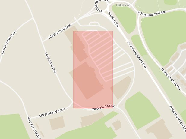 Karta som med röd fyrkant ramar in Ica Maxi, Erikslund, Västerås, Västmanlands län