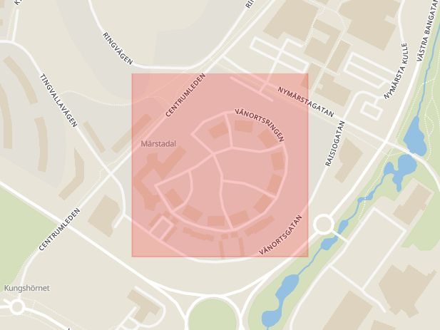 Karta som med röd fyrkant ramar in Vänortsringen, Sigtuna, Stockholms län