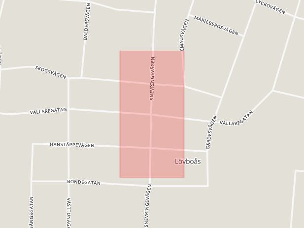 Karta som med röd fyrkant ramar in Snevringevägen, Vallaregatan, Hallstahammar, Västmanlands län