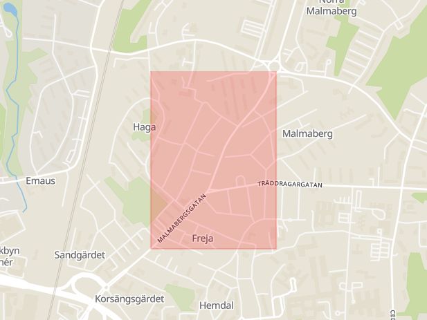 Karta som med röd fyrkant ramar in Haga, Malmabergsgatan, Västerås, Västmanlands län