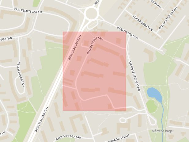 Karta som med röd fyrkant ramar in Blomstergatan, Västerås, Västmanlands län