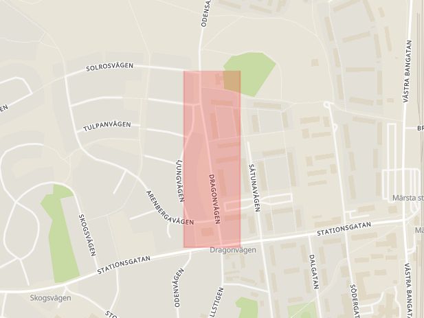 Karta som med röd fyrkant ramar in Märsta, Dragonvägen, Sigtuna, Stockholms län