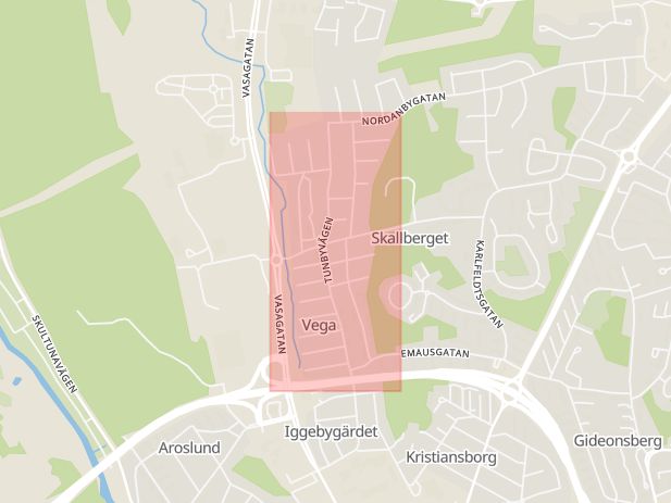 Karta som med röd fyrkant ramar in Vega, Västerås, Västmanlands län