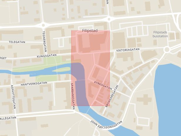 Karta som med röd fyrkant ramar in Karlstad, Haga, Stora Torget, Filipstad, Värmlands län