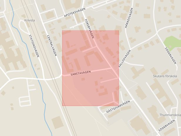 Karta som med röd fyrkant ramar in Särstavägen, Uppsala, Knivsta, Uppsala län