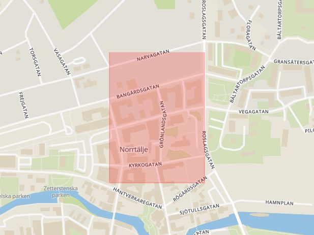 Karta som med röd fyrkant ramar in Billborgsgatan, Norrtälje, Stockholms län