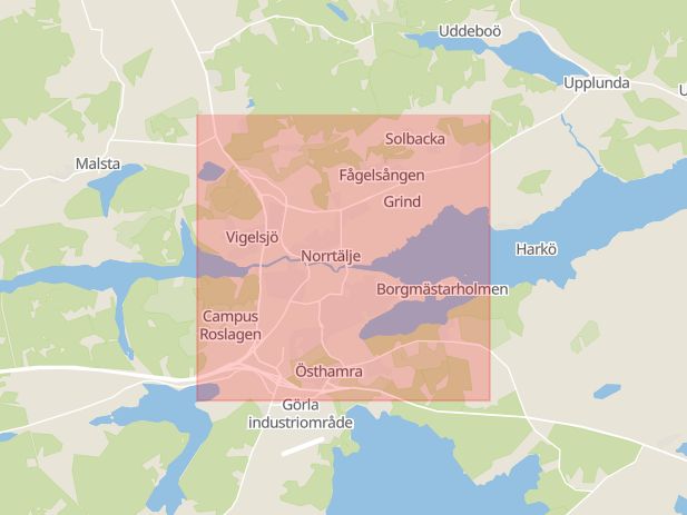 Karta som med röd fyrkant ramar in Lovisedal, Norrtälje, Stockholms län